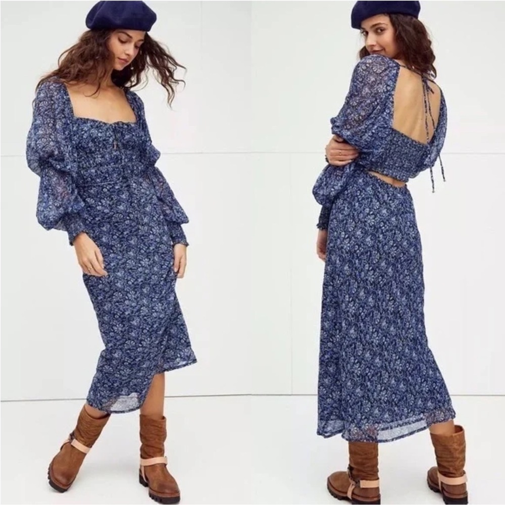 Free People Navy Floral Long Sleeve Dress